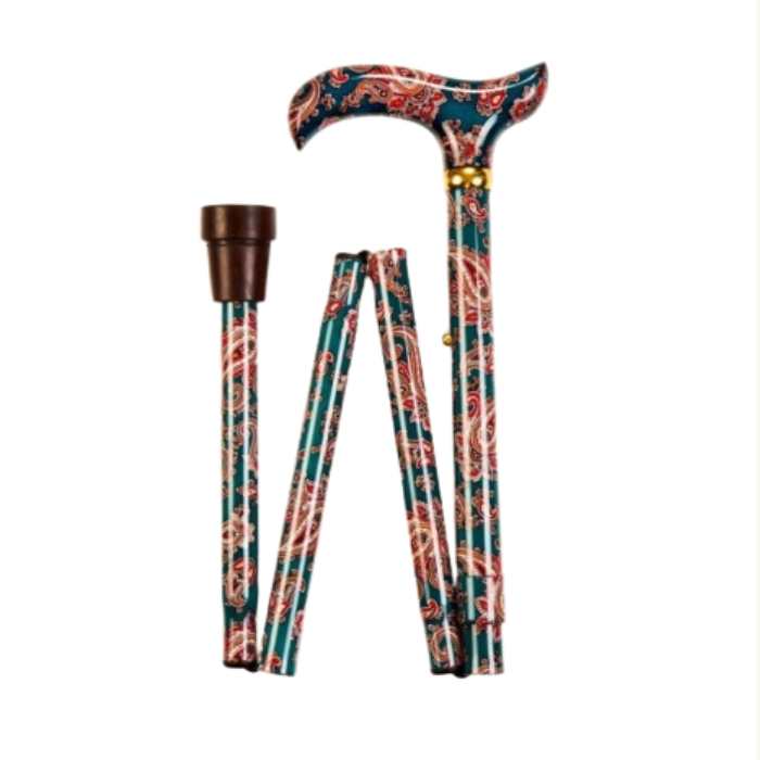 Adjustable folding walking stick in Green Paisley