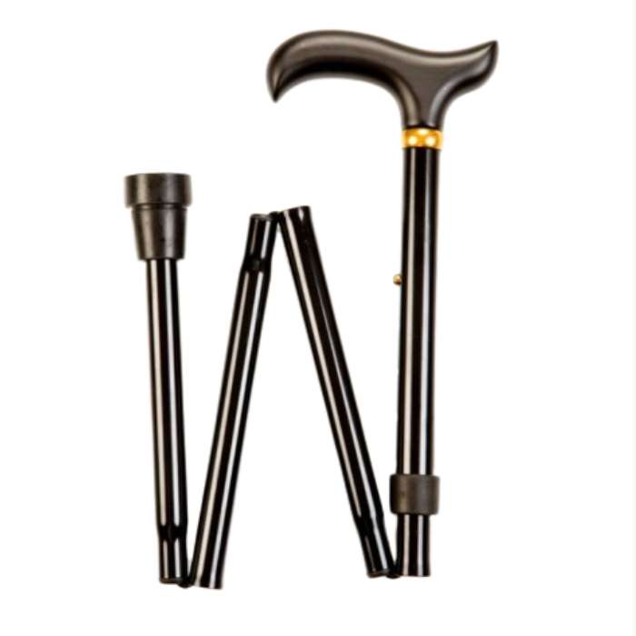 adjustable folding walking stick in classic black with derby handle