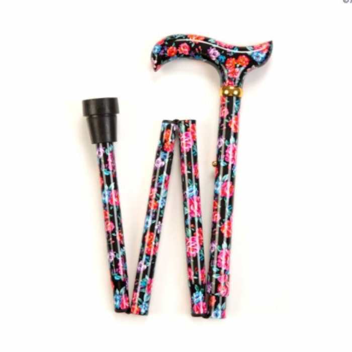 folding walking stick blue and red flowers with patterned handle