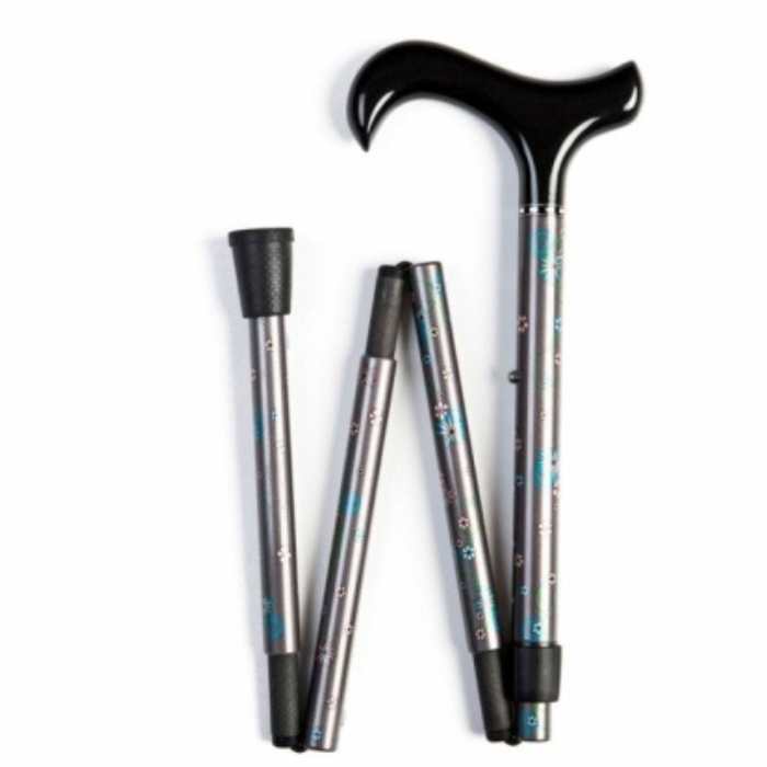 Carbon Fibre Walking Stick Folding Adjustable with Grey Shaft and Pearly Flowers Design