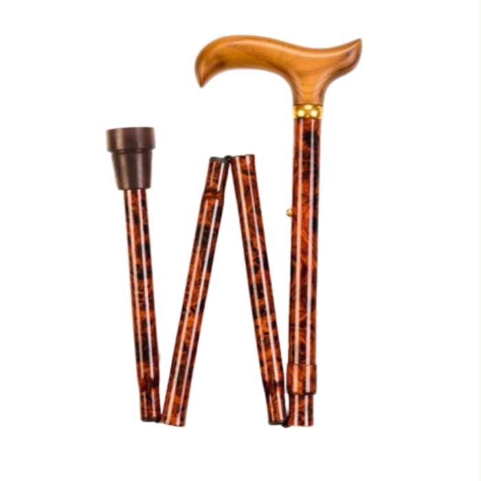 folding adjustable walking stick with wooden handle birds eye design